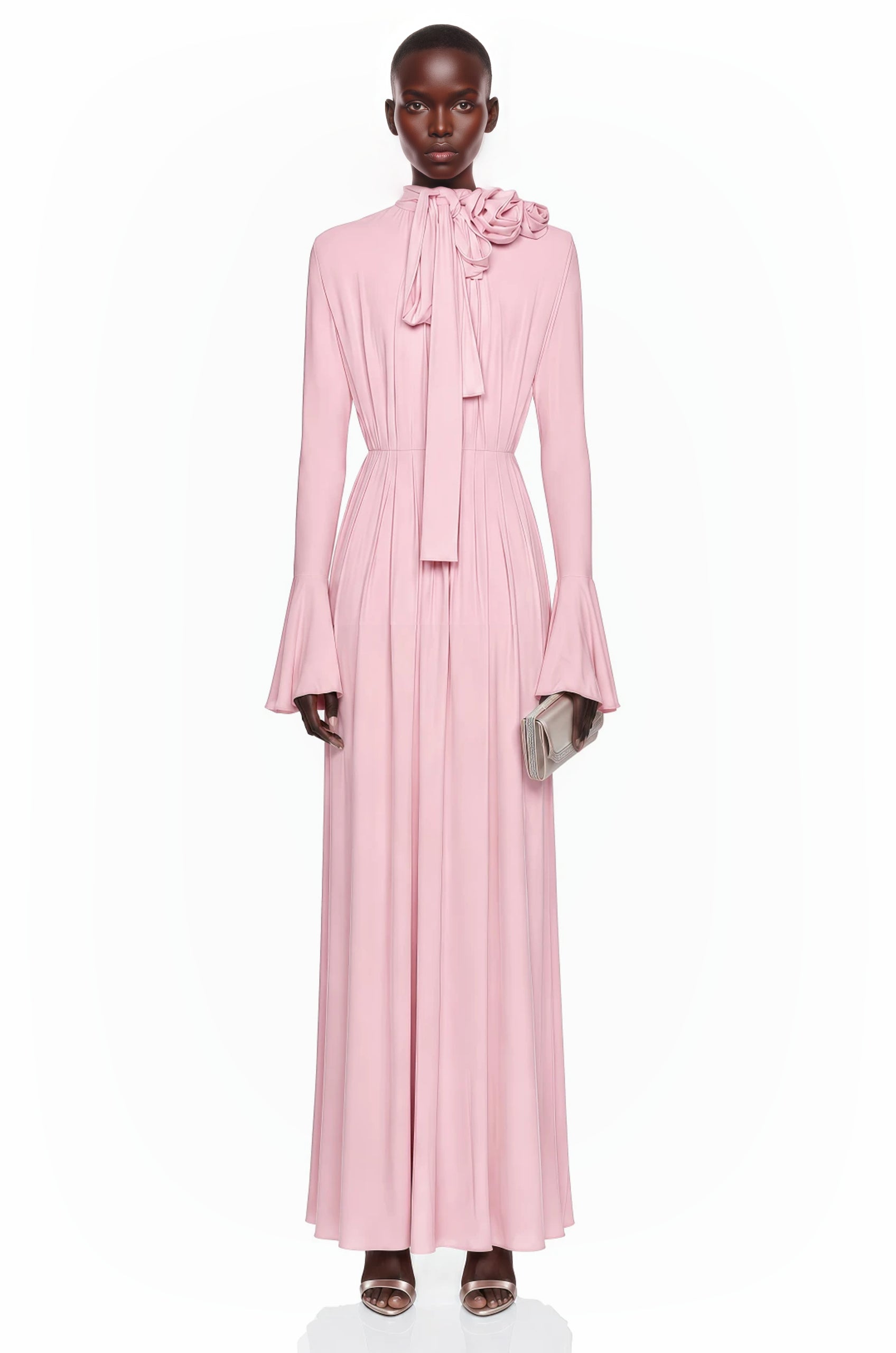 Valeska Pink Ruched Maxi Dress with 3D Florals | Aura Muse