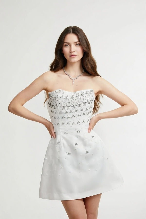 Mireille White Embellished Strapless Mini Dress