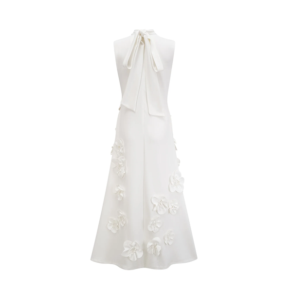 Matilda White Sleeveless Maxi Dress with Faux Flower & Bow-Tie Embellishment