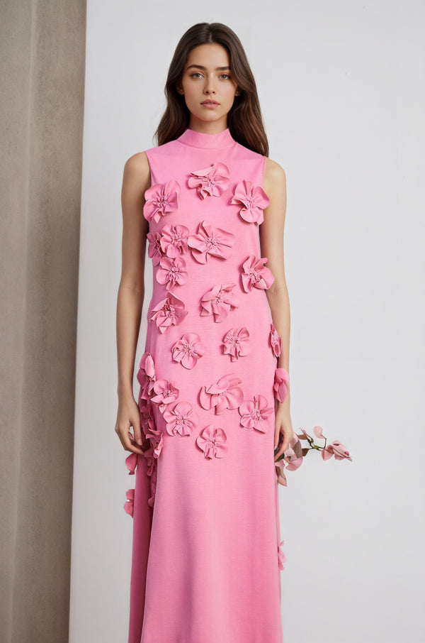 Matilda Pink Sleeveless Maxi Dress with Faux Flower & Bow-Tie Embellishment