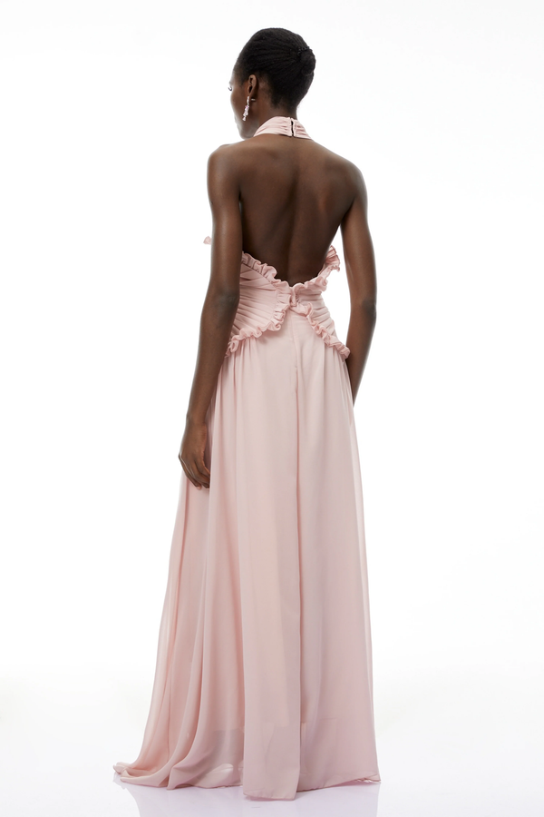 Thibaulte Pink Halterneck Backless Ruffled Maxi Dress