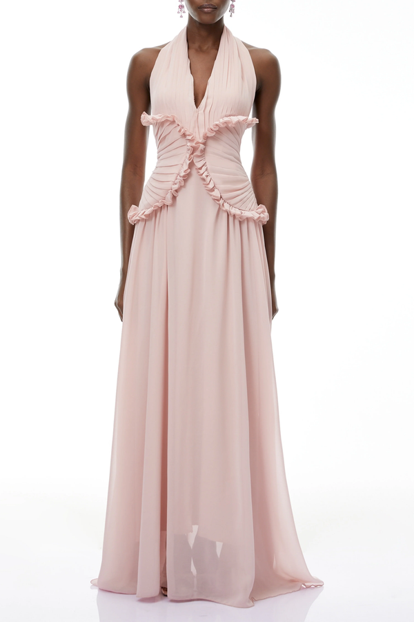 Thibaulte Pink Halterneck Backless Ruffled Maxi Dress