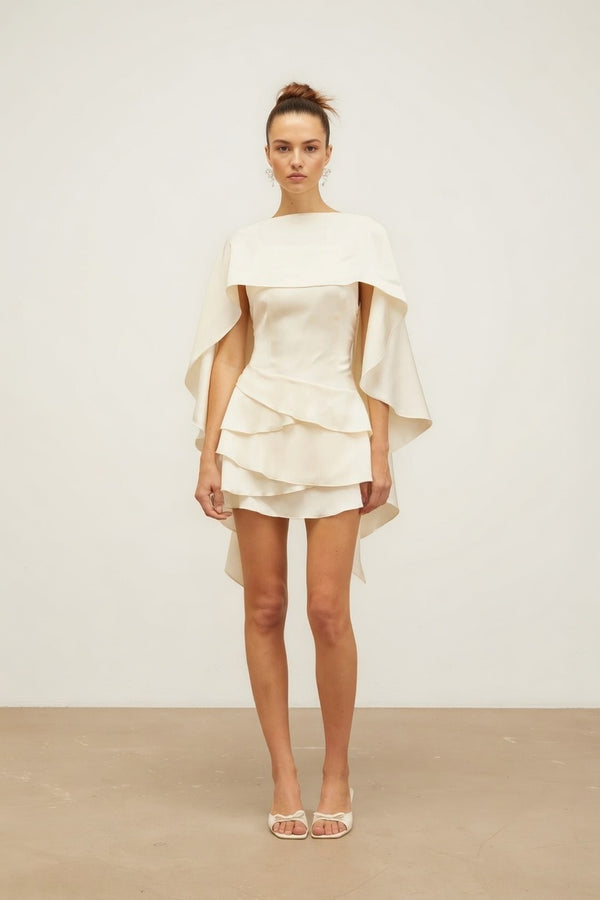 Seraphina Cream Satin Layered Mini Dress with Shawl Detail