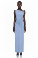 Gloria Blue Ruched Maxi Dress with Metal Buckles