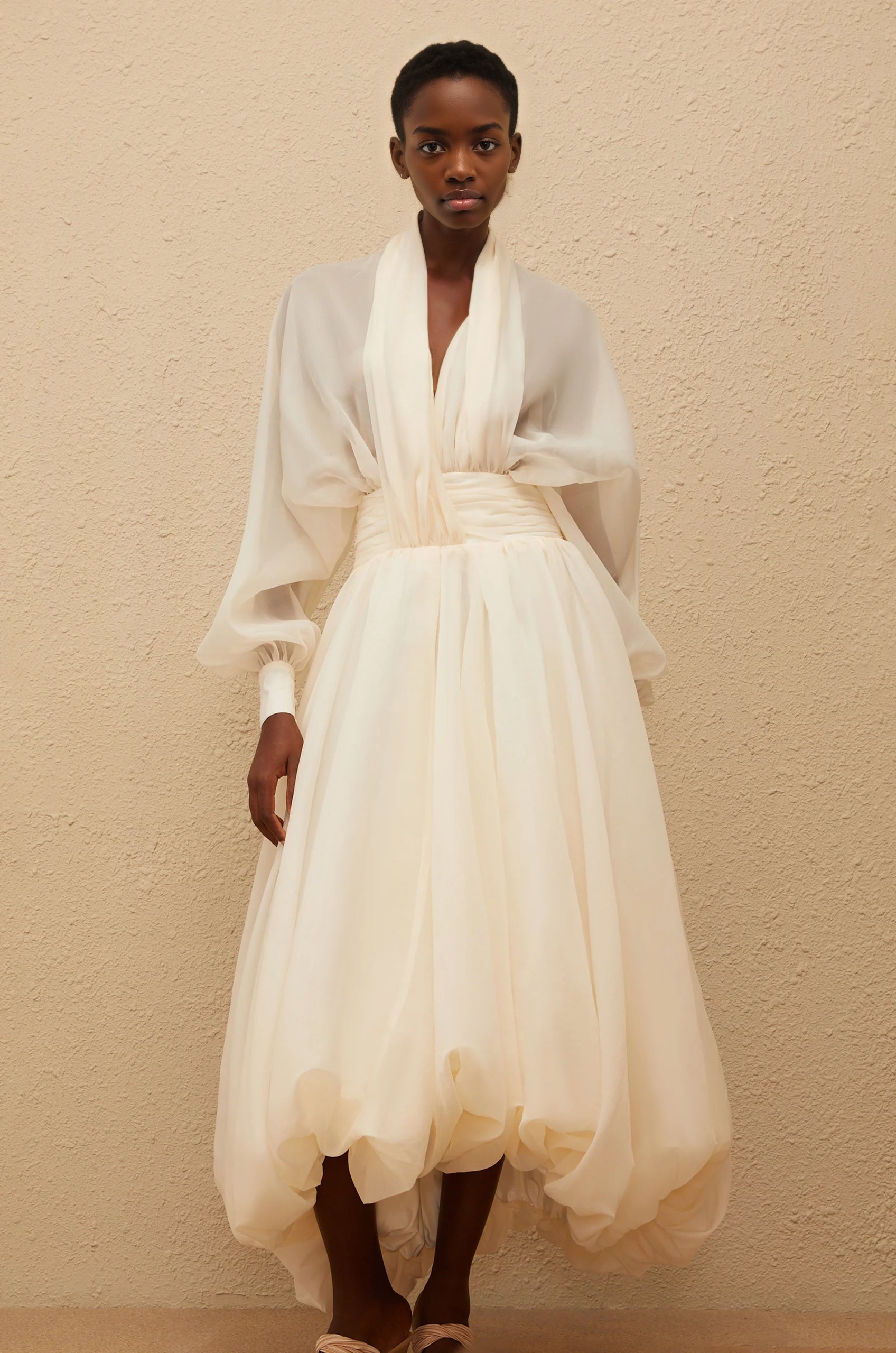 Edith Cream White Draped Tulle Maxi Dress – Aura Muse