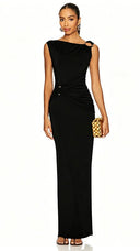 Gloria Blue Ruched Maxi Dress with Metal Buckles - Aura Muse