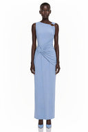 Gloria Blue Ruched Maxi Dress with Metal Buckles - Aura Muse