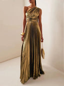 Seraphina Gold One - Shoulder Pleated Metallic Maxi Gown - Aura Muse