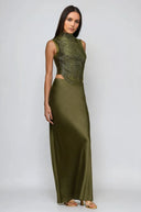 Ygraine Fringe Satin Skirt Set In Olive - Aura Muse
