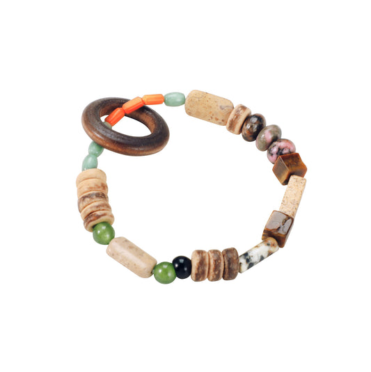 Natural Stone Agate Bracelet with Wooden Beads