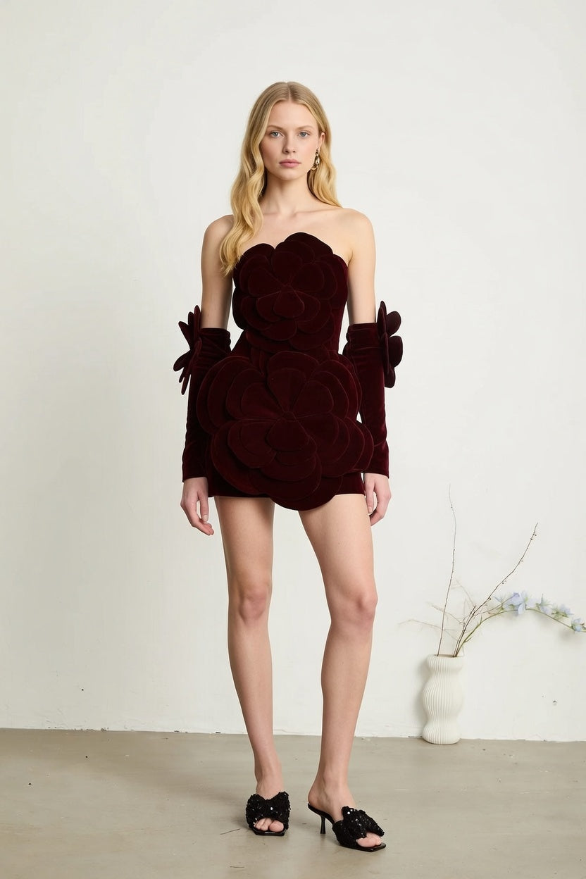Rhea Burgundy Velvet Rosette Mini Dress
