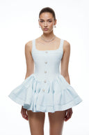 Nola Blue Square-Neck Button-Front Ruffle Mini Dress