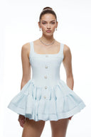 Nola Blue Square-Neck Button-Front Ruffle Mini Dress