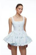 Nola Blue Square-Neck Button-Front Ruffle Mini Dress