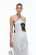 Jacinthe Color Block Lace Halterneck Draped Maxi Dress