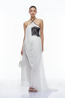 Jacinthe Color Block Lace Halterneck Draped Maxi Dress
