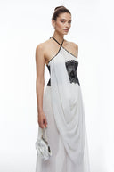 Jacinthe Color Block Lace Halterneck Draped Maxi Dress