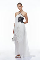 Jacinthe Color Block Lace Halterneck Draped Maxi Dress