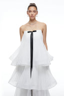 Elvire White Strapless Tiered Pleated Maxi Dress with Black Bow