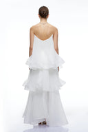 Elvire White Strapless Tiered Pleated Maxi Dress with Black Bow