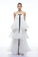 Elvire White Strapless Tiered Pleated Maxi Dress with Black Bow