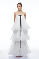 Elvire White Strapless Tiered Pleated Maxi Dress with Black Bow
