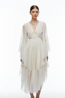 Ornelle Neutral Plunging Long Sleeve Tiered Midi Dress