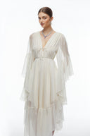 Ornelle Neutral Plunging Long Sleeve Tiered Midi Dress