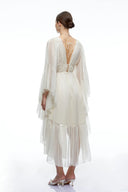 Ornelle Neutral Plunging Long Sleeve Tiered Midi Dress