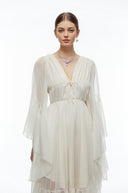 Ornelle Neutral Plunging Long Sleeve Tiered Midi Dress