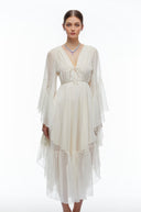 Ornelle Neutral Plunging Long Sleeve Tiered Midi Dress