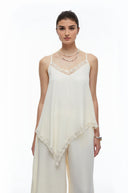 Cream White Top with Lace Trim & Trousers Set