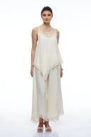 Cream White Top with Lace Trim & Trousers Set