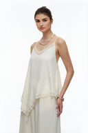 Cream White Top with Lace Trim & Trousers Set