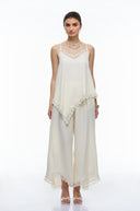 Cream White Top with Lace Trim & Trousers Set