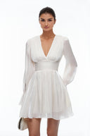 Mariya White Plunging Glossy Pleated Mini Dress