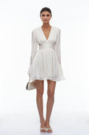 Mariya White Plunging Glossy Pleated Mini Dress