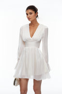 Mariya White Plunging Glossy Pleated Mini Dress