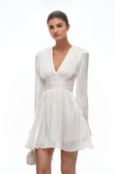 Mariya White Plunging Glossy Pleated Mini Dress