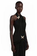 Theonie Black Draped Halterneck Maxi Dress