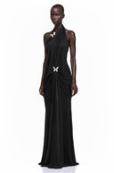 Theonie Black Draped Halterneck Maxi Dress