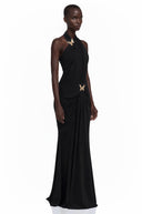 Theonie Black Draped Halterneck Maxi Dress