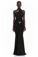 Theonie Black Draped Halterneck Maxi Dress