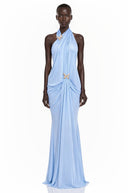 Theonie Blue Draped Halterneck Maxi Dress