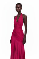 Fuchsia Halterneck Asymmetrical Pleated Maxi Dress