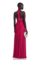 Fuchsia Halterneck Asymmetrical Pleated Maxi Dress