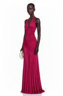 Fuchsia Halterneck Asymmetrical Pleated Maxi Dress