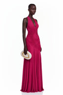 Fuchsia Halterneck Asymmetrical Pleated Maxi Dress