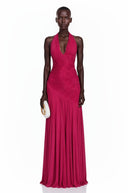 Fuchsia Halterneck Asymmetrical Pleated Maxi Dress