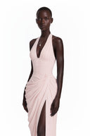 Bogdana Pink Halterneck Ruched Maxi Dress with Slit